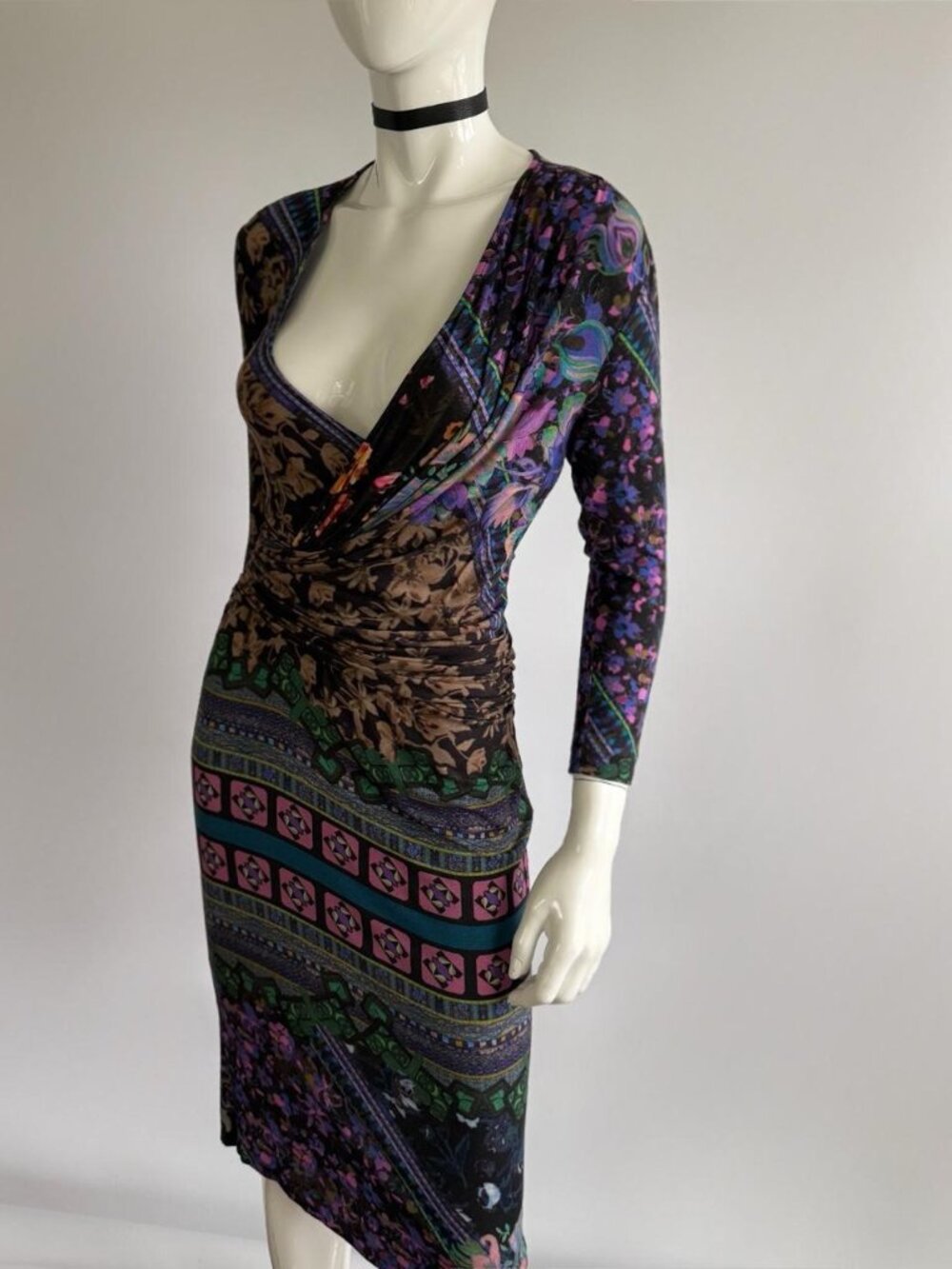 Vintage Etro Ruched Plunging Jersey Dress